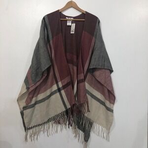 Three Dots Plaid Poncho Wrap Fringe Open‎ Front One Size NEW with tags